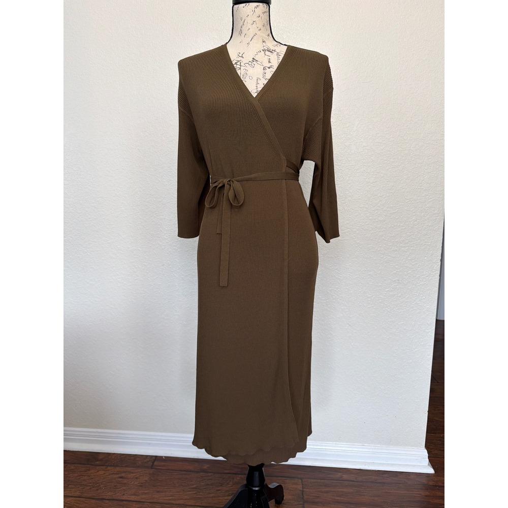 Everlane Ribbed Knit Wrap Midi Dress  3/4 Sleeve XXS Green Workwear wedding